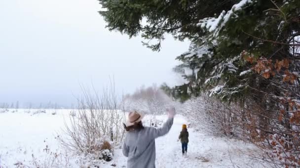 冬の山々を背景に美しい大きな森の近くの雪道を走っている帽子で幸せな若い母親と楽しい遊び心のある小さな娘のバックビュー 旅行ライフスタイルと家族の週末のコンセプト — ストック動画