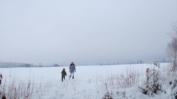 快乐的年轻妈妈戴着棕色的帽子 可爱的小女儿在雪地上跑着 背景是美丽的冬季山脉 旅游生活方式和家庭周末的概念 慢动作 — 图库视频影像