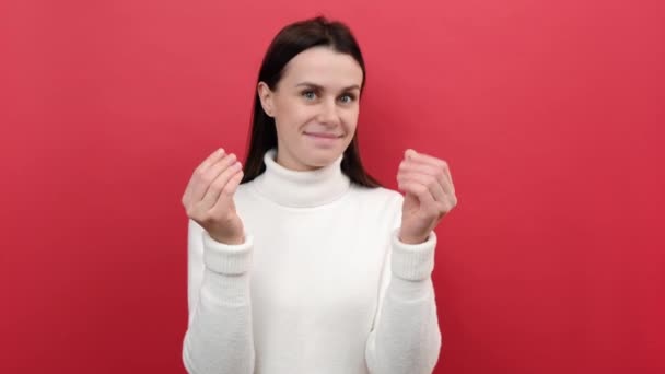 Young Woman Asking Cash Showing Money Gesture Fingers Seriously Looking — Video Stock