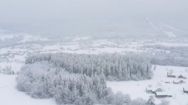 Güzel bir kış gününde kırsal alanın insansız hava aracı çekimi. Doğa ilhamı. Huzuru sağlıyorum. Arka planda kar dağları üzerinde küçük binaları olan kırsal alan. Turizm ve seyahat tutkusu için durak