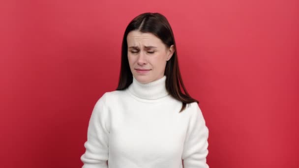 Unhappy Young Brunette Woman Covering Eyes Hand Shows Stop Gesture — Wideo stockowe