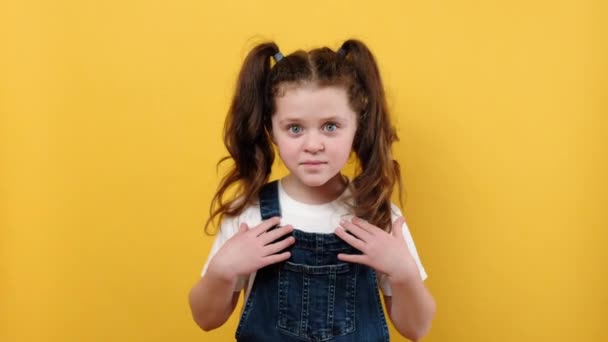 Portrait Confused Puzzled Little Kid Girl Pointing Fingers Herself Ask — Stock Video