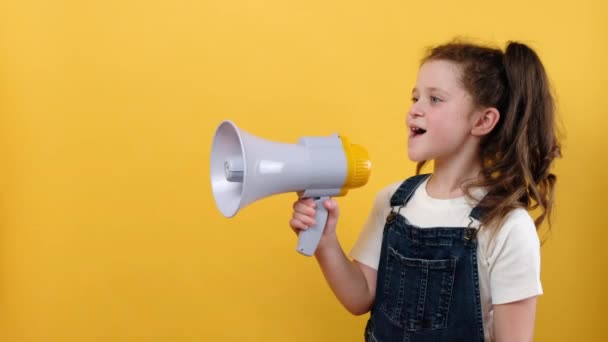 Portrait Cheerful Cute Funny Little Child Girl Screaming Megaphone Looking — Stock Video