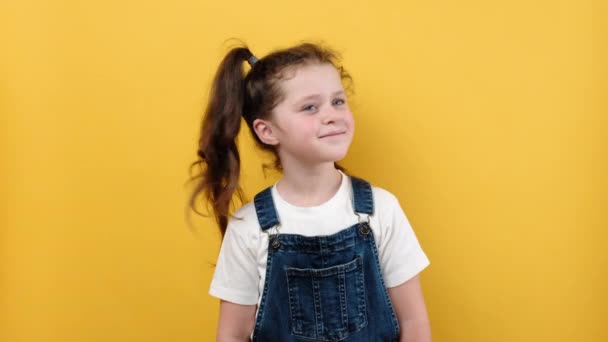 Portrait Fun Cute Beautiful Little Child Girl Waving Greeting Hands — Stock Video