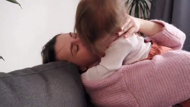 Affectionate Loving Young Mom Enjoying Tender Moment Sweet Cute Little — Stock Video