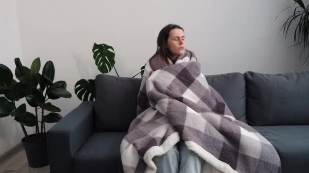 中心热问题 流感症状概念 年轻的女性裹在温暖的格子花里 冷冰冰地坐在沙发上发抖 里面凉爽得无法忍受 浑身哆嗦 感觉很不健康 — 图库视频影像