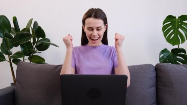 Overjoyed Młoda Kobieta Grzech Przytulnej Kanapie Domu Patrząc Ekranie Laptopa — Wideo stockowe