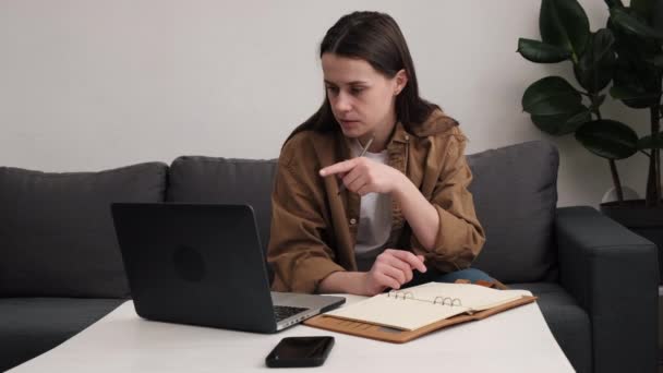 Jeune Étudiante Adulte Caucasienne Assise Sur Canapé Dans Salon Ayant — Video