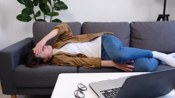 Selective Focus Tired Sad Young Caucasian Woman Finish Work Computer — стоковое видео