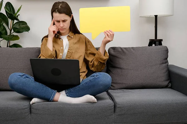 Pensive Employee Young Woman 20S Shirt Sit Grey Sofa Home — Stock Photo, Image