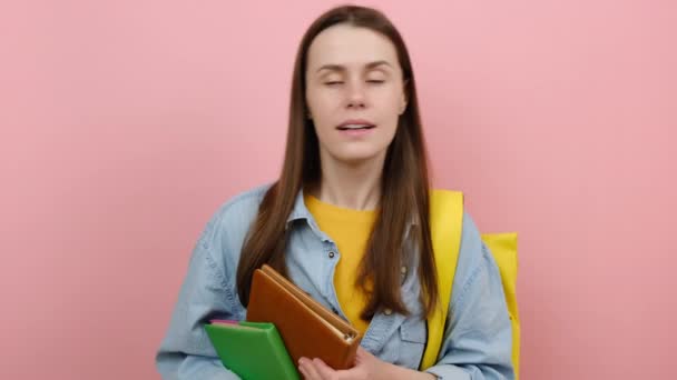 Portrait Charming Girl Teen Student Wears Shirt Yellow Backpack Hold — стоковое видео