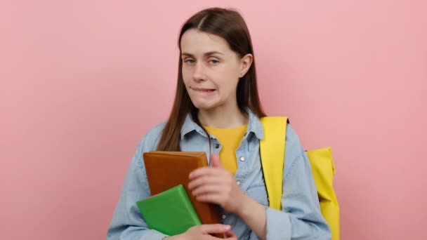 Portrait Girl Teen Student Wears Shirt Yellow Backpack Hold Books — Stock Video