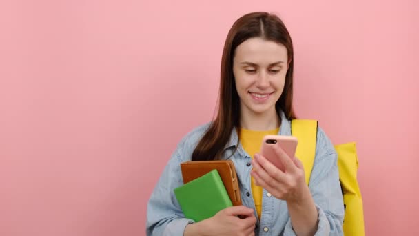 Portrait Cute Girl Teen Student Wear Shirt Yellow Backpack Hold — Vídeos de Stock