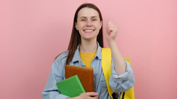 Portrait Happy Girl Teen Student Wears Shirt Yellow Backpack Hold — Vídeos de Stock