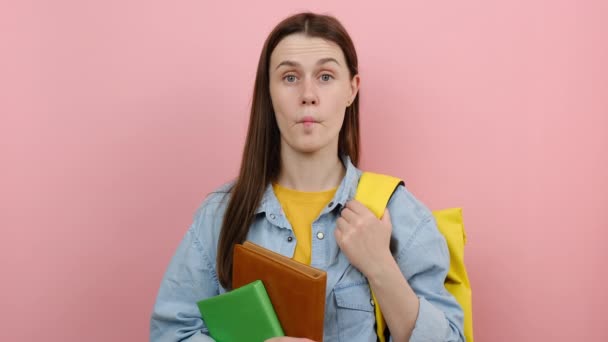 Portrait Fun Girl Teen Student Holding Yellow Backpack Books Crazy — Stock Video