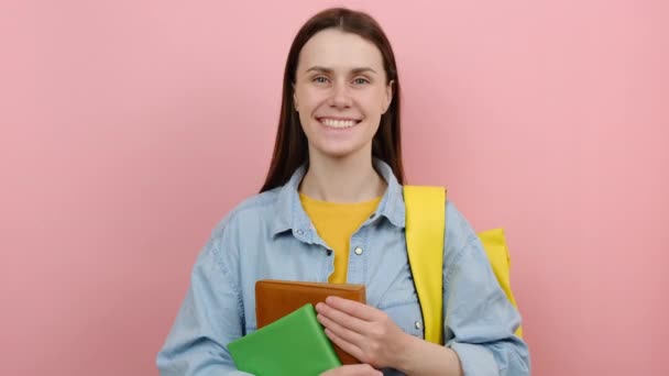 Cheerful Cute Girl Teen Student Wears Shirt Yellow Backpack Hold — Video