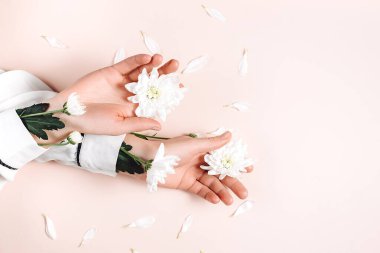 Pastel pembe arka planda beyaz çiçekli güzel kadın elleri. Tırnaklara ve temiz, yumuşak, pürüzsüz cilde önem ver. Manikür, pedikür güzellik salonu. Düz konum, üst görünüm, kopyalama alanı
