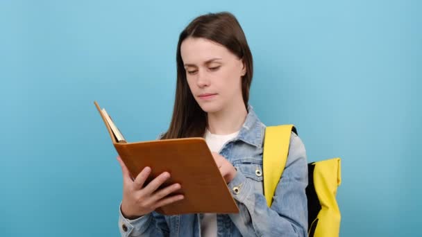 Portrait Girl Teen Student Wears Denim Jacket Yellow Backpack Read — Stock Video