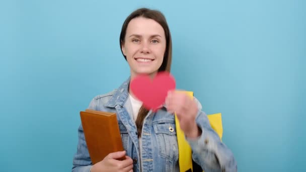 Selective Focus Happy Girl Teen Student Wears Yellow Backpack Hold — Vídeos de Stock