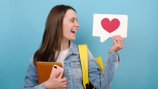 Portrait Pretty Girl Teen Student Hold Book Reaction Icon Share — Stok video