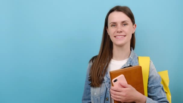 Portrait Attractive Smiling Girl Teen Student Wears Backpack Hold Books — Video