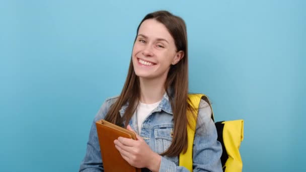 Portrait Happy Girl Teen Student Wears Denim Jacket Yellow Backpack — Vídeos de Stock