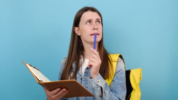 Portrait Irritated Girl Teen Student Wears Denim Jacket Yellow Backpack — Stock video