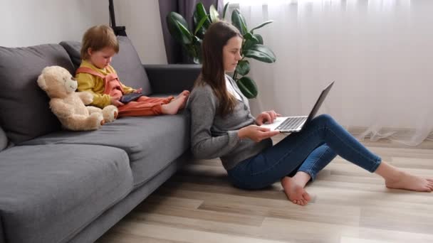 Focused Young Mother Engaged Remote Work Study Home Laptop Sitting — Stock Video