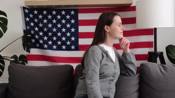 Portrait Dreamful Beautiful American Young Woman Sit Sofa Living Room — Stock Video