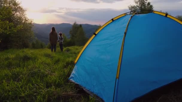 Family Camping Nature Relaxed Young Mother Pretty Little Daughter Child — Stock Video