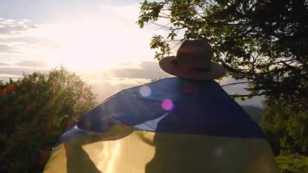 Back View Ukrainian Woman Hat Standing Background Sunset Summer Mountains — Stock Video