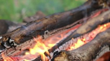 Sakin, sıcak kamp ateşine yakın durun. Güzel şenlik ateşi, yaz akşamları yanan odun. Aktif yaşam tarzı, seyahat, yürüyüş. Ağır çekimde ateş yanıyor. Kamp havası ve açık hava yaşam tarzı.