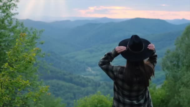 Vista Posterior Hermosa Mujer Joven Pie Cima Montaña Mirar Hacia — Vídeo de stock