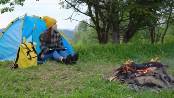 Happy Young Woman Working Laptop Sitting Camping Tent Outdoors Surrounded — Stockvideo