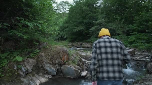 Young Man Enjoying Morning Coffee Mountain River Hiker Guy Knit — Stockvideo