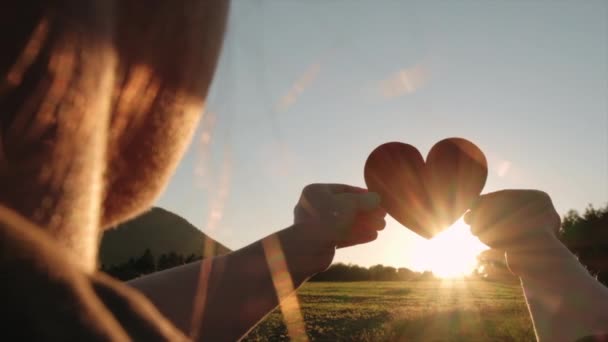 아름다운 광경을 배경으로 심장을 코카서스 암컷의 모습을 가까이 수있다 들판에서의 — 비디오