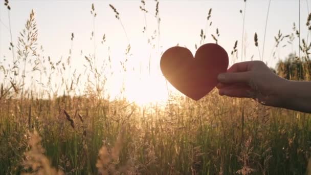Close Female Hand Holding Small Red Heart Beautiful Calm Sunset — Vídeo de stock