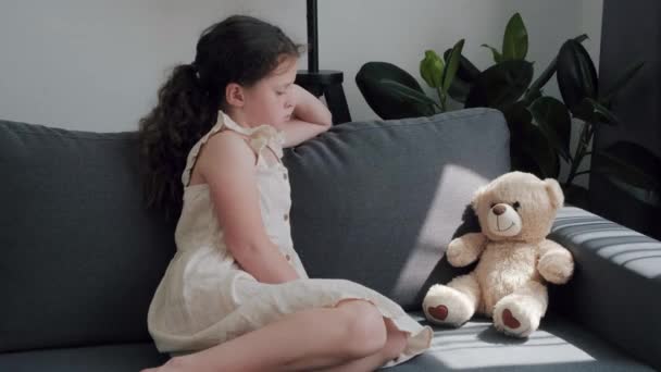 Portrait Upset Lonely Bullied Little Girl Child Looking Away Feels — Stockvideo