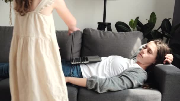 Tired Sleepy Young Mother Asleep Lying Sofa Computer Overworked Lazy — Stok video