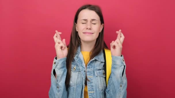 Cute Young Girl Teen Student Denim Jacket Yellow Backpack Keep — Stok video