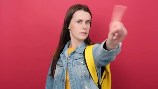 Serious Young Girl Wearing Student Yellow Backpack Denim Jacket Doing — Video Stock