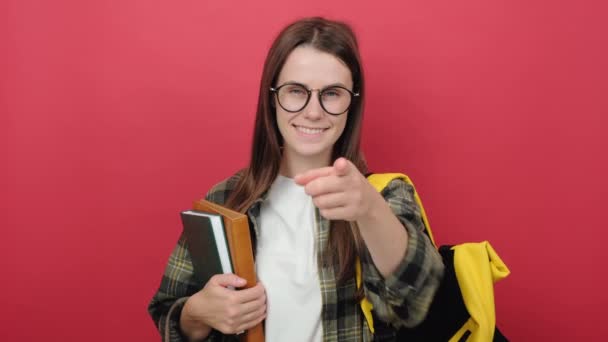 Smiling Young Student Woman 20S Old Years Yellow Backpack Holding — Vídeo de Stock