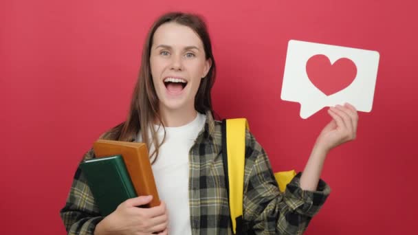 Portrait Pretty Young Student Woman Hold Book Reaction Icon Share — 비디오