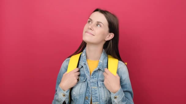 Happy Young Student Woman Yellow Backpack Looking Posing Isolated Red — Videoclip de stoc