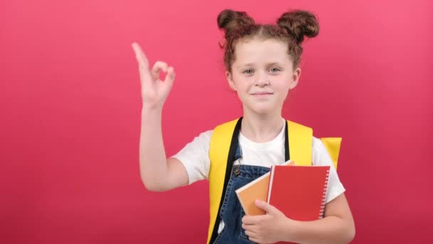 Portrait School Kid Girl White Shirt Yellow Backpack Holding Two — Stock Video