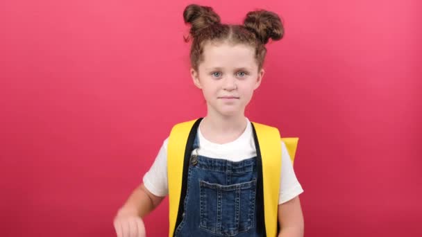 Smiling Little Kid Girl Years Old White Shirt Hold Clock — Stockvideo