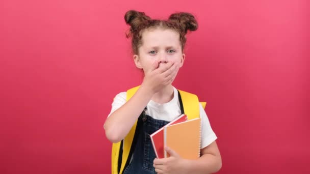 Portrait Sad Tired Little Girl White Shirt Backpack Sleeps Standing — Vídeos de Stock