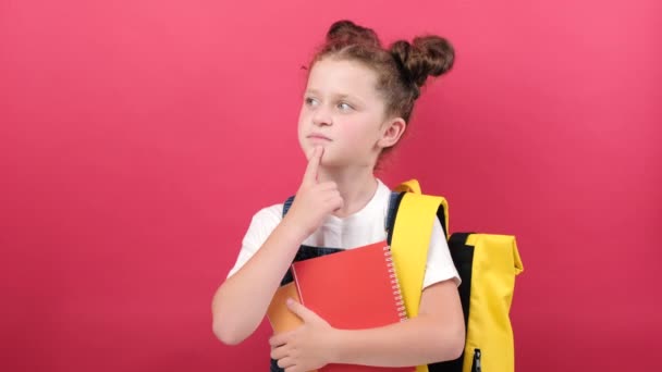 Pensive Little Smart Kid School Girl Shirt Yellow Backpack Hold — 图库视频影像