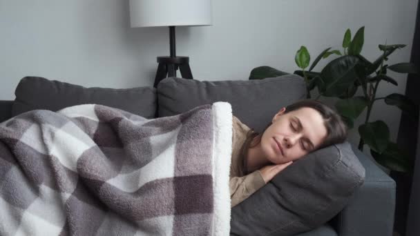 Peaceful Beautiful Young Woman Lying Pillow Warm Blanket Comfortable Sofa — Vídeo de Stock