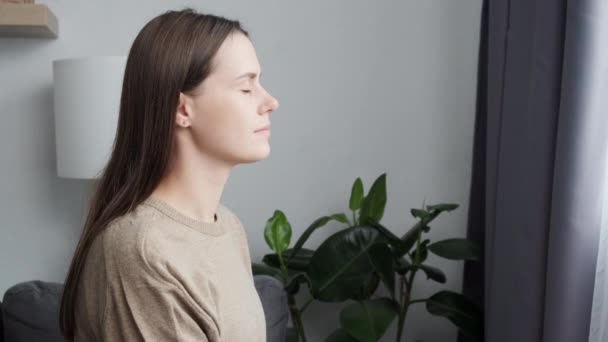 Calm Young Woman Taking Deep Breath Fresh Air Meditating Eyes — Stockvideo